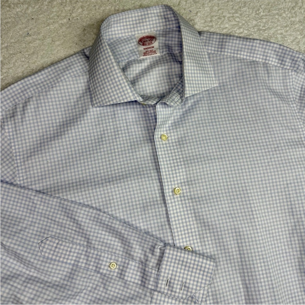 Brooks Brothers Shirt Mens 16.5-34 Blue‎ White Checkered Madison American Supima
